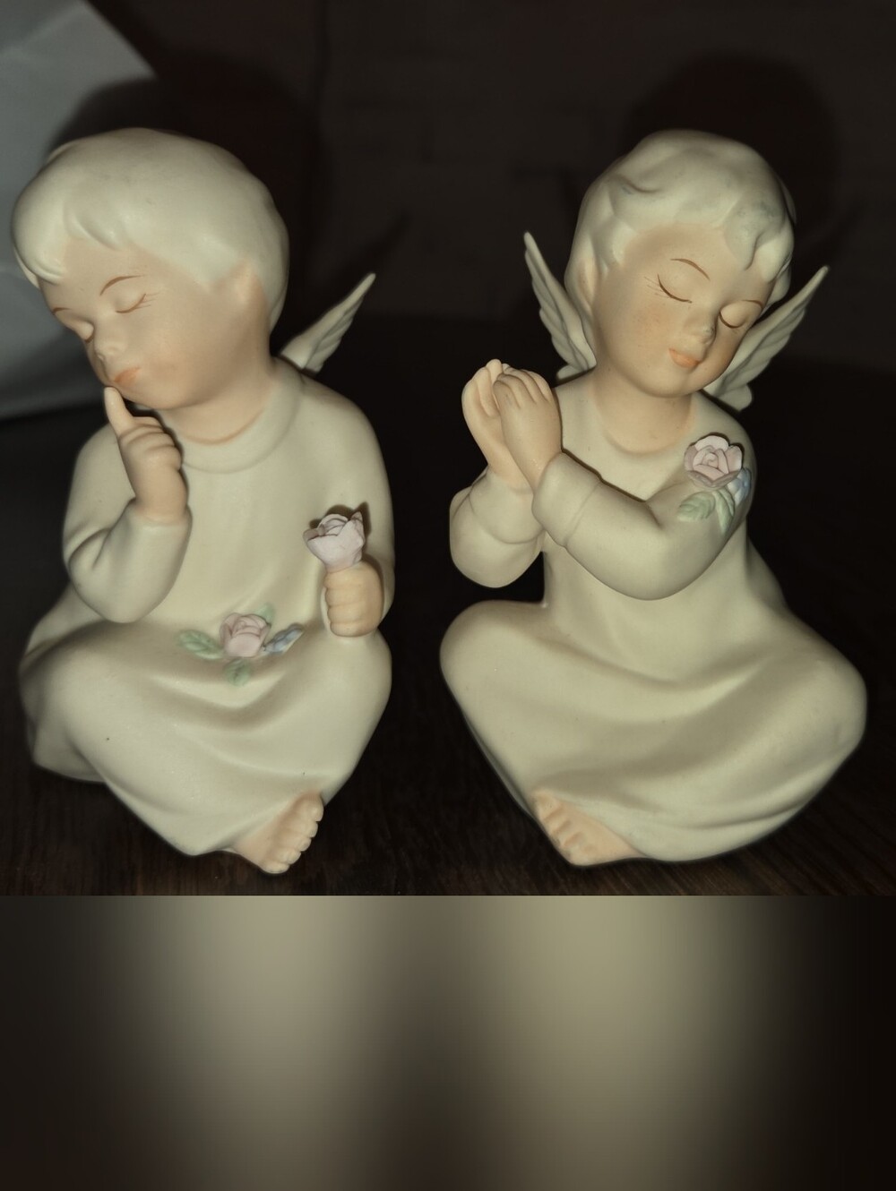 Porcelain Angel Figurine Pair in Cream with Pastel Floral Accents